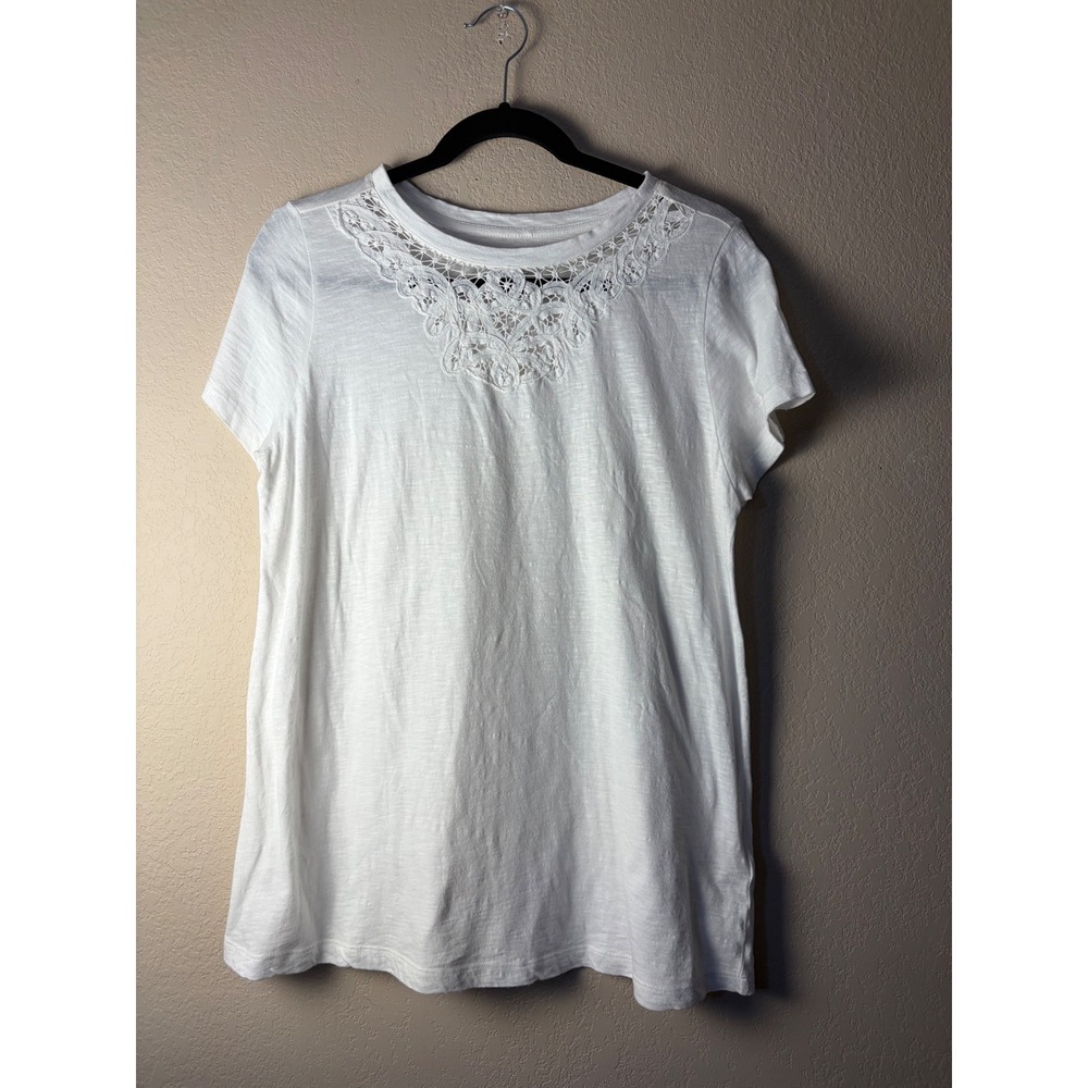 Soft‎ Surroundings White Crochet Lace Yoke Cotton Slub Tee Top euc Medium 2DC47